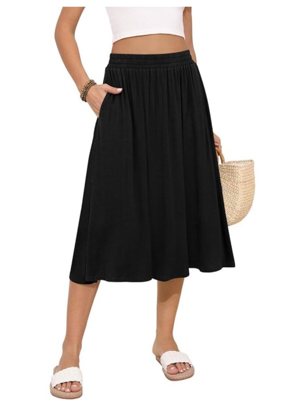 Flowy Midi Skirt Elastic High Waist Pleated A-Line Casual Summer